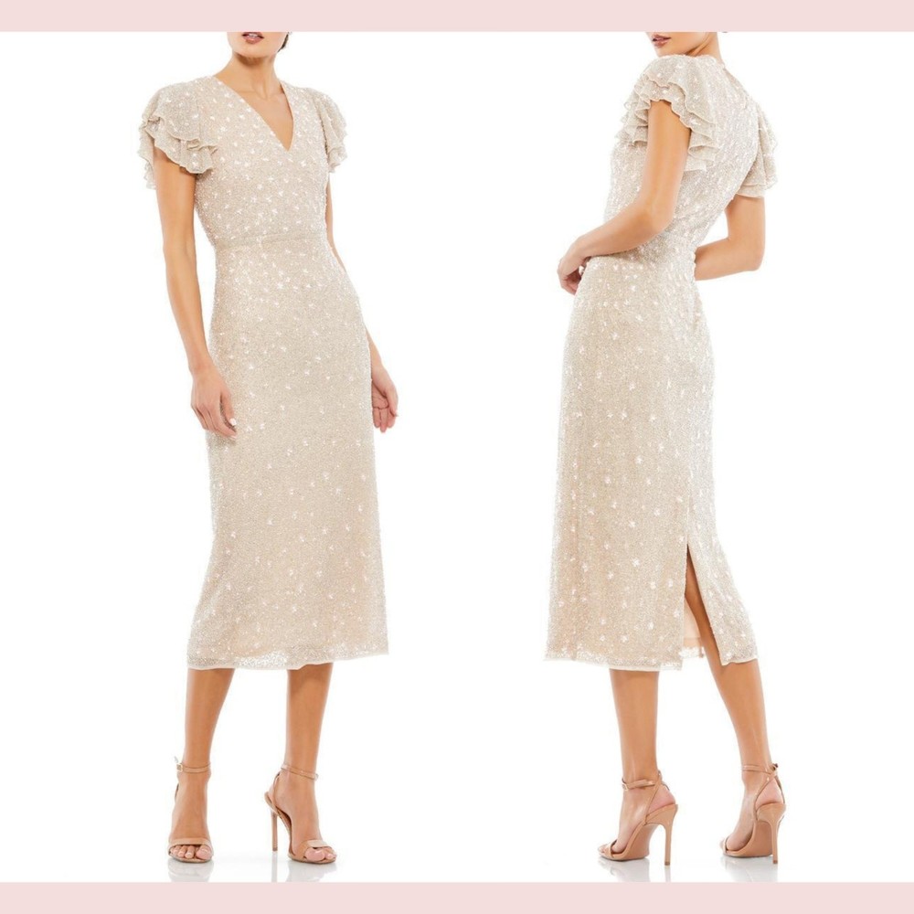 NEW $498 Mac Duggal Size 12 Beaded V-Neck Flutter Sleeve A-Line Midi Dress 10810